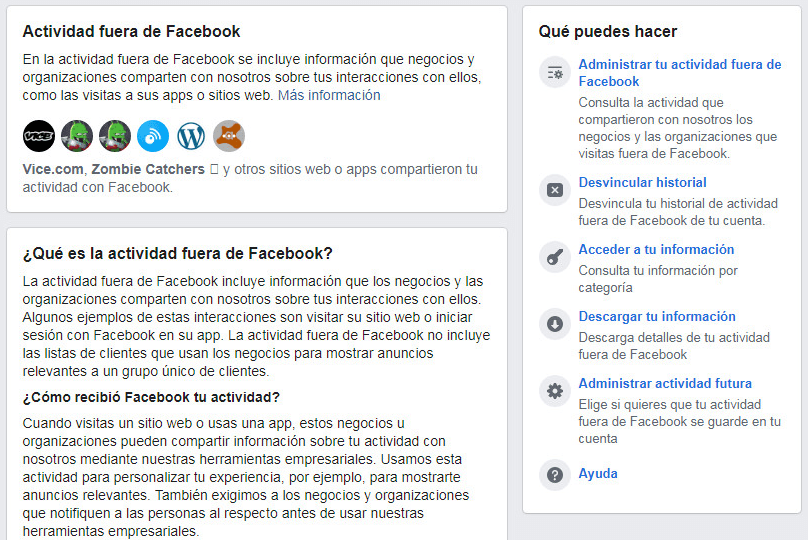 Actividad fuera de Facebook